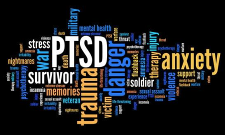 A word collage describing gun violence, including PTSD, survivor, anxiety, and danger